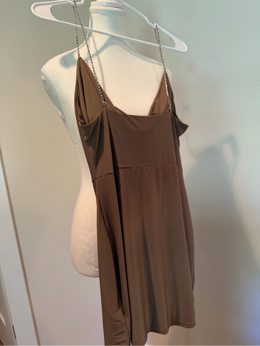 NEW Fashion Nova Brown Cowl Neck Mini Dress with Chain Straps - Picture 4 of 4